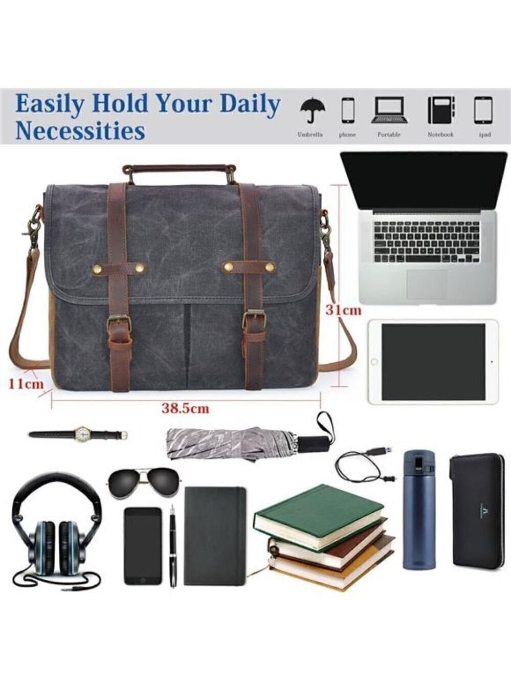 Messenger Bag Waterproof Vintage Genuine Leather Canvas Briefcase Laptop GRAY - Picture 3 of 7